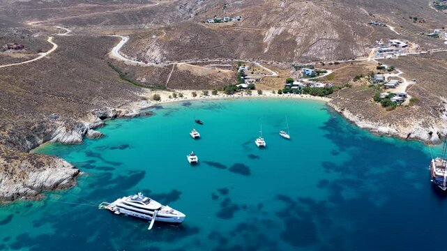 Aerial view of the popular beach Psili Ammos and Serifos island, Cyclades, Greece, with turquoise sea and golden sand