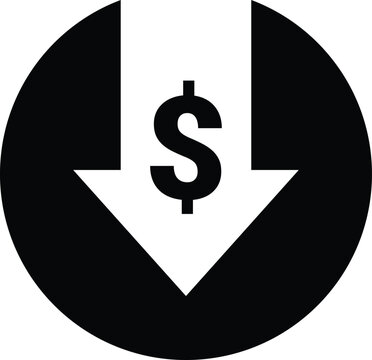 A black circular icon features a white down arrow with a dollar sign. This graphic symbolizes cost reduction, price drop, or loss. It is suitable for discount or sales designs.
