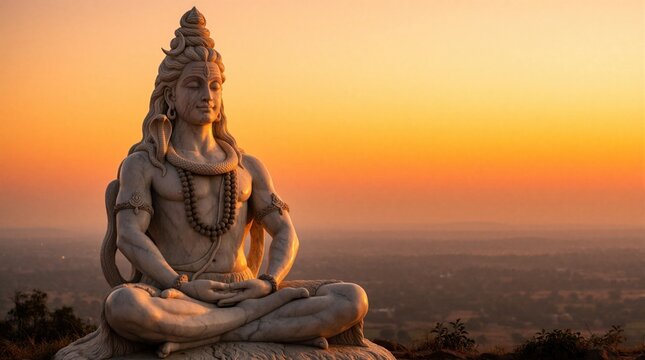 Marble statue of Hindu deity Shiva meditating at sunset. Peaceful figure sits in lotus pose against warm orange sky. Spiritual icon overlooks landscape at dusk.