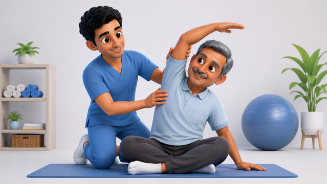 Physiotherapist Assisting Senior Patient with Stretching Exercise 3D Illustration