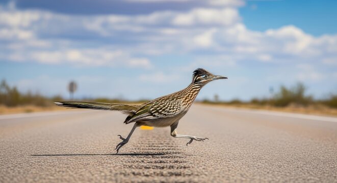Roadrunner bird running on asphalt road in desert landscape