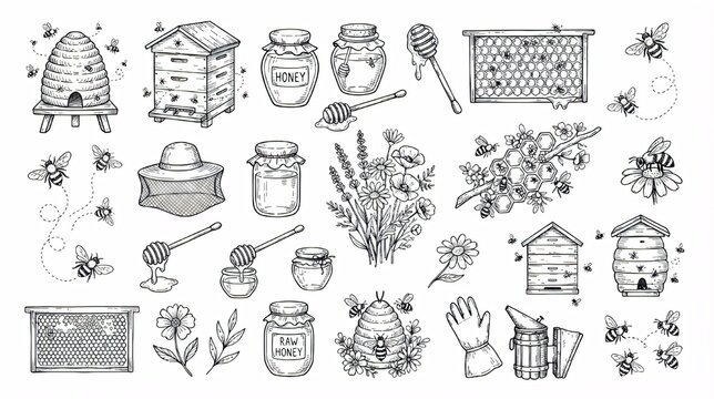 Beekeeping and Honey Elements Hand Drawn Vector Set to Draw