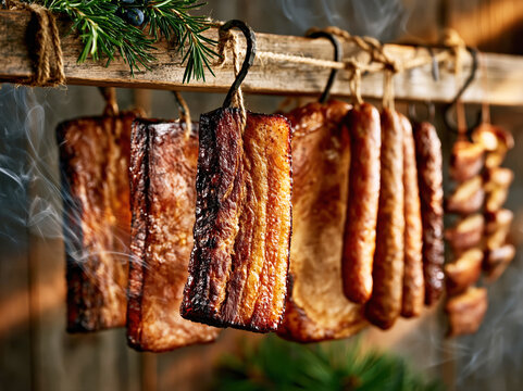 Traditional Smoked Meats Hanging in Rustic Smokehouse &ndash; AI Generative