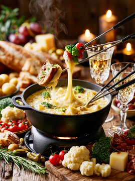 Luxury Swiss Cheese Fondue with Artisan Dippers &ndash; AI Generative