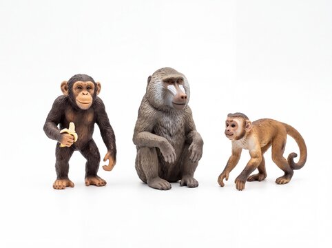 Three different plastic monkey animal figurines isolated on a clean white background studio shot
