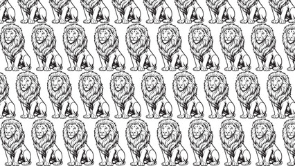 Abstract seamless black white lion line drawing pattern with upright detailed mane symmetry creating decorative vector design texture © Muhammad