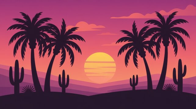 Minimal tropical sunset landscape with palm trees cactus silhouettes and colorful desert vector background