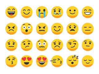 Naklejka premium Set of Yellow Emoji Emoticon Icons with Diverse Expressions for Social Media and Web UI
