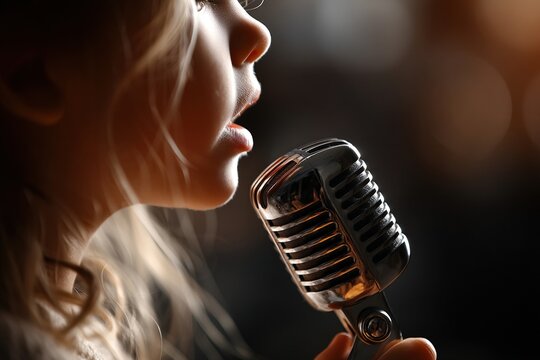 Young girl singing into a retro microphone in warm cinematic light, ideal for vocal training, childhood talent and live performance concepts.