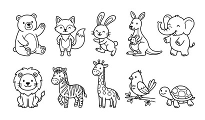 Naklejka premium Minimal Cute Animal Outline Coloring Book Set with Zoo and Safari Characters