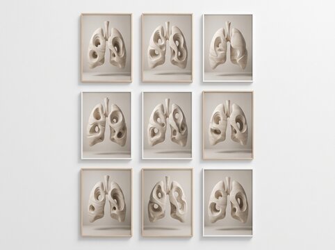 A grid of nine minimalist artworks, each featuring a stylized, light-colored anatomical representation of human lungs with intricate internal structures and cavities.