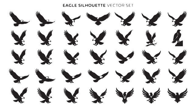 Eagle silhouette vector set, black bird of prey icons in flight and landing poses, bald eagle predatory animal clip art for logo design