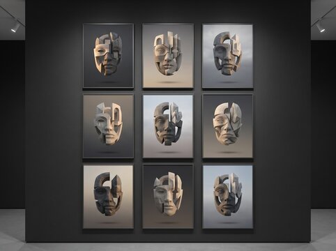 Nine framed artworks featuring abstract, fragmented human faces displayed on a dark gallery wall with spotlights.