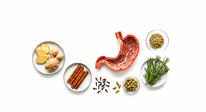 Flat lay of stomach model surrounded by digestive herbs including ginger cinnamon cardamom rosemary and cloves