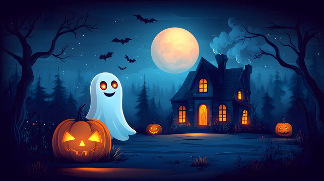 Cartoon illustration of a cute ghost next to a Halloween pumpkin against the backdrop of a spooky mansion and a night sky with a moon