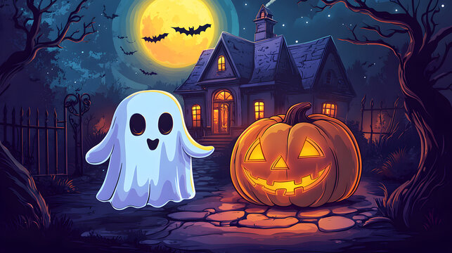 Whimsical cartoon ghost standing beside a jack-o-lantern in an eerie woodland with a haunted mansion beneath a glowing full moon, playful Halloween night illustration concept