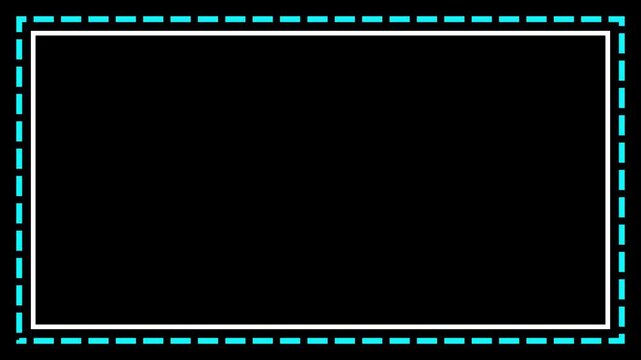 Rectangular frame made of a dashed blue line on black background. dashed rectangular frame animation. A rectangular shape with dashed lines.