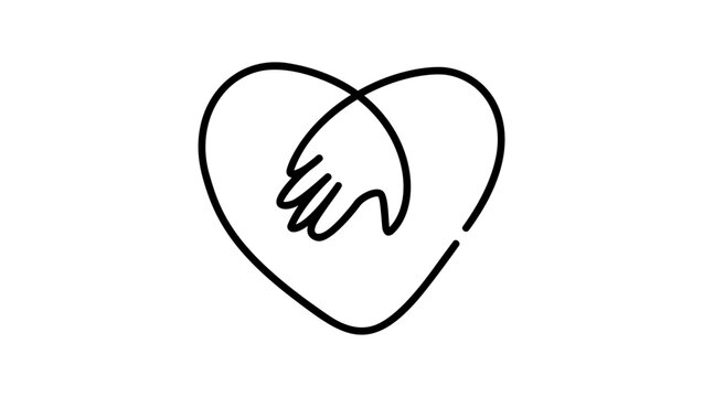 hand on heart, one line art , black isolated vector silhouette
