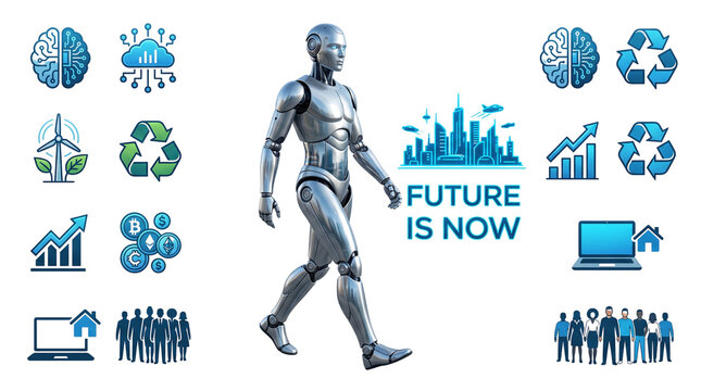 Futuristic silver humanoid robot walking with technology icons, blue smart city concept with artificial intelligence symbols, sustainable green energy and business growth graphics