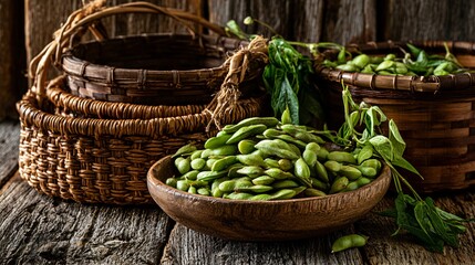 Obraz premium A rustic farm-inspired composition featuring edamame displayed in handmade baskets on reclaimed wood