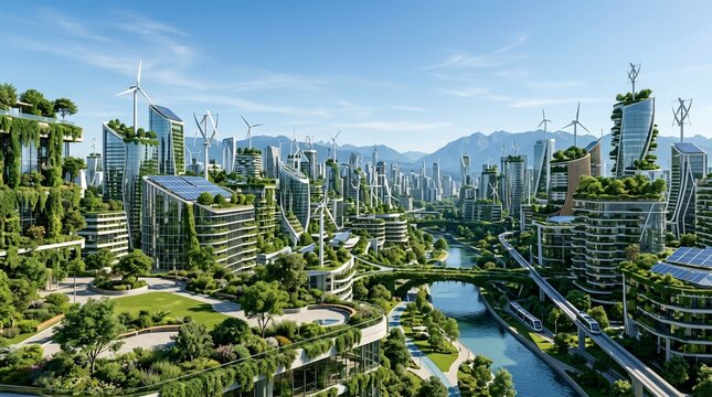 Futuristic green city with renewable energy and lush vegetation buildings
