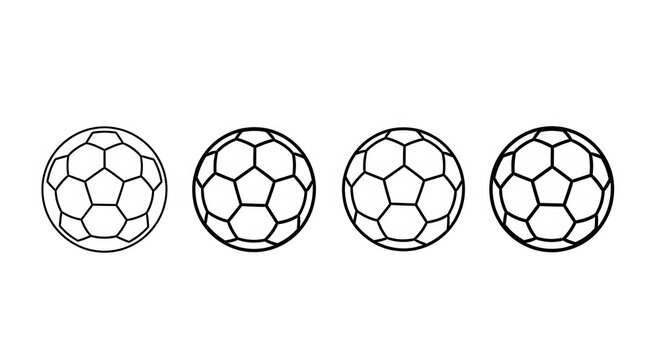 Four black and white soccer balls icon set for sports design isolated on transparent background