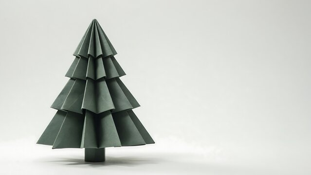 A stylized dark green paper folded origami christmas tree standing on a plain white background, with empty space, on the right.