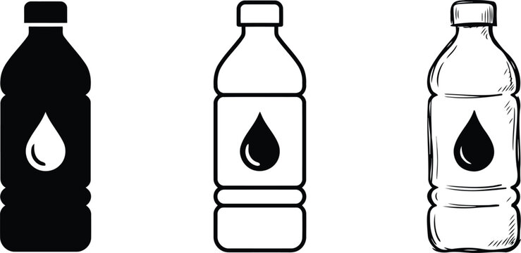Three different style water bottle icons with droplet symbol isolated