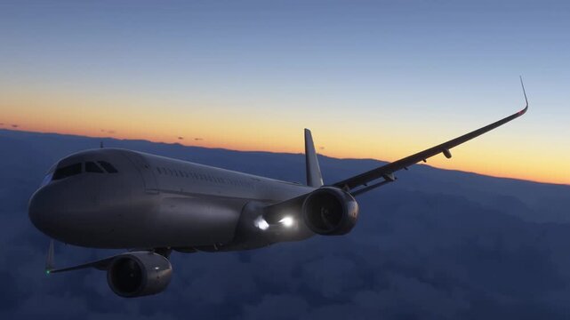 Commercial jet flying above clouds during sunset at high altitude.