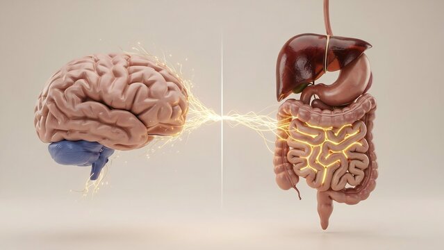 Illustration showing direct connection between human brain and digestive system represented by glowing neural pathways visualizing gut brain axis concept in medical health background.