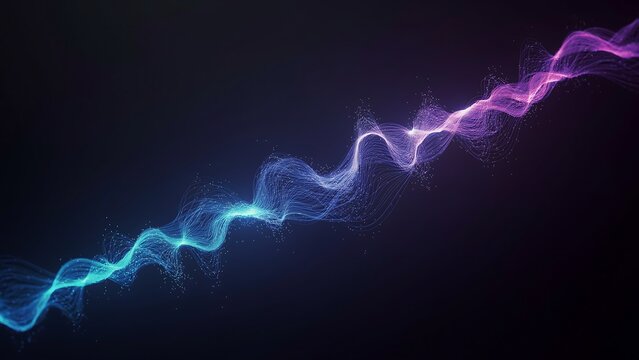 Abstract wave of glowing particles and light lines, flowing energy stream, digital data flow, futuristic background with blue and purple gradient