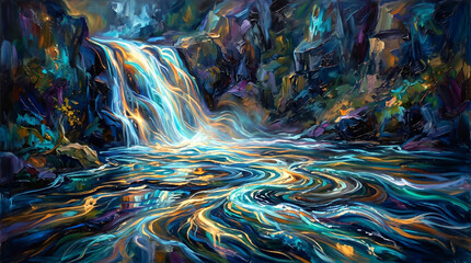 Obraz premium Glowing waterfall cascades through vibrant forest landscape Generative AI