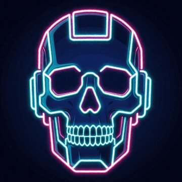 Futuristic robot skull illustration with glowing neon light lines on dark background. Digital android head design features electronic circuit style, bright pink blue vibrant colors. Cyberpunk machine