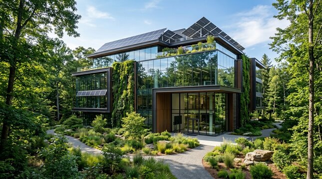Modern glass building integrated with nature and solar panels