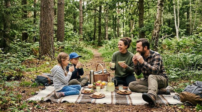 Family Picnic Outdoor in Forest with Children and Adults Enjoying Food and Drinks