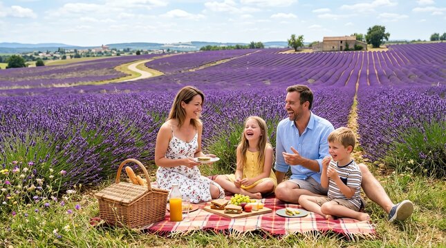 Family Picnic in Vibrant Purple Lavender Field Under Bright Sky