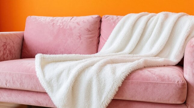 Plush pink velvet sofa with a soft white fuzzy blanket draped over it. Bright orange wall background provides a cheerful contrast. Cozy, comfortable home interior setting.