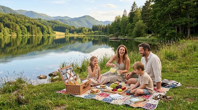 Family Picnic on Grass Near Lake with Mountains and Trees in Sunny Day