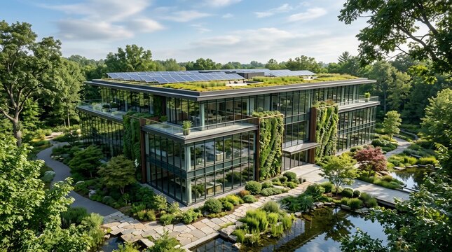 Modern office building with green roof and solar panels surrounded by lush nature