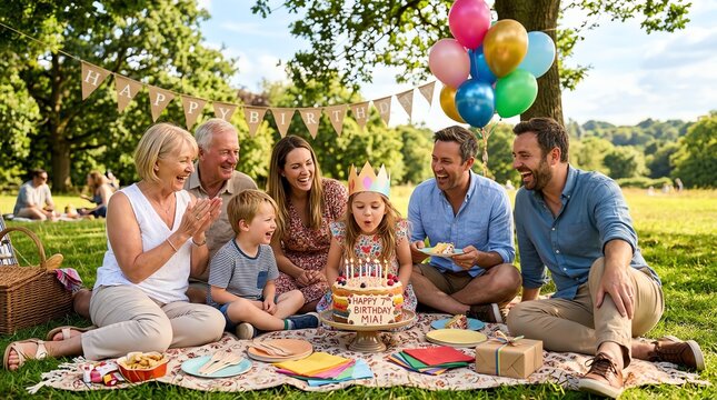 Family Celebrating Birthday Party Outdoors with Colorful Balloons and Cake in Park