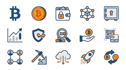 Flat Design Cryptocurrency and Blockchain Technology Icons Set. © Alkhan