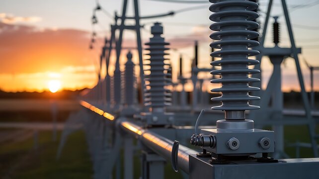 Rows of voltage electrical substation insulators and metal structures captured during a vibrant sunset in a rural power distribution facility area