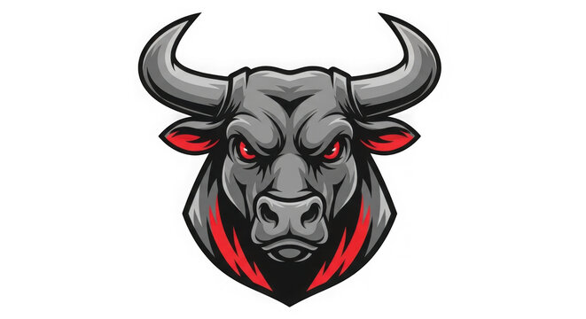 Pixel art bull head mascot with red glowing eyes and grey fur isolated on transparent background
