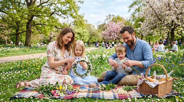 Happy Family Picnicking in Blooming Park During Spring Day