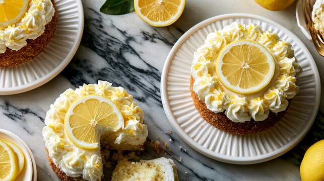 A luxury composition featuring lemon dump cake arranged in decorative circular patterns on polished marble