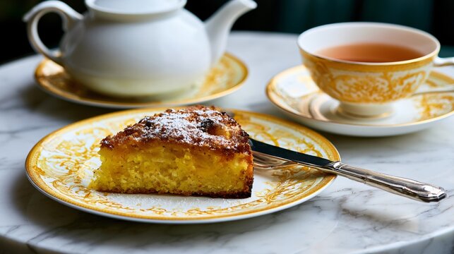 A luxury hospitality composition featuring lemon dump cake served beside artisan tea and elegant tableware on polished marble