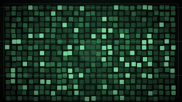 Abstract animated data grid scrambling into encrypted characters drawn as green and cyan glowing lines and dots on a deep dark background. Clean minimal motion graphics element with free space around 