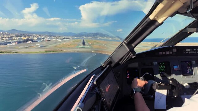 An immersive real time final approach to Nice airport runway 04 through the pilot&rsquo;s eye, flying manually over the Mediterranean Sea. blurred background 4K shot.