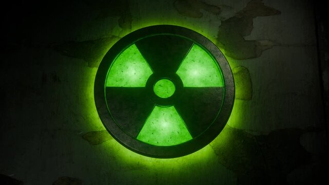 Glowing radioactive hazard symbol on weathered concrete wall with pulsing green light in dim industrial setting