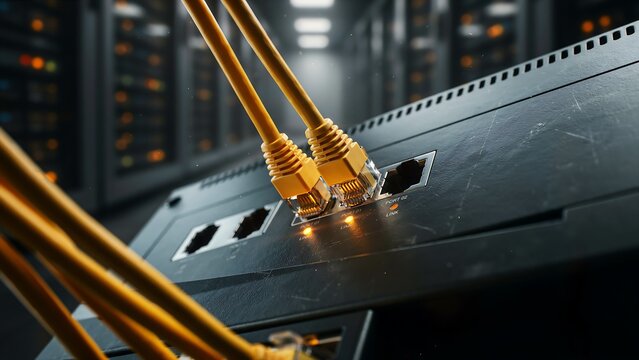 Closeup of network cables plugged into a server rack in a data center, showing active connection lights and highspeed internet connectivity